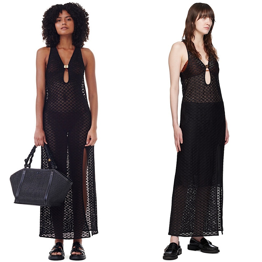 NWT GANNI Sheer Lace V-Neck‎ Gold Butterfly Logo Clasp Sleeveless Maxi Dress L